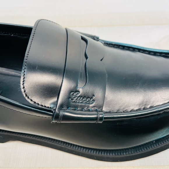 Gucci Men’s Black Leather Two-Tone Penny Loafer, Sz 8 Black Green - Picture 10 of 10